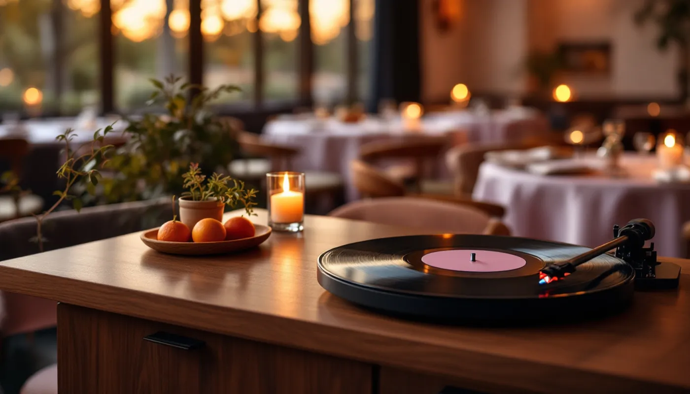 Une platine vinyle sur le buffet d'un restaurant élégant, tables dressées et bougies