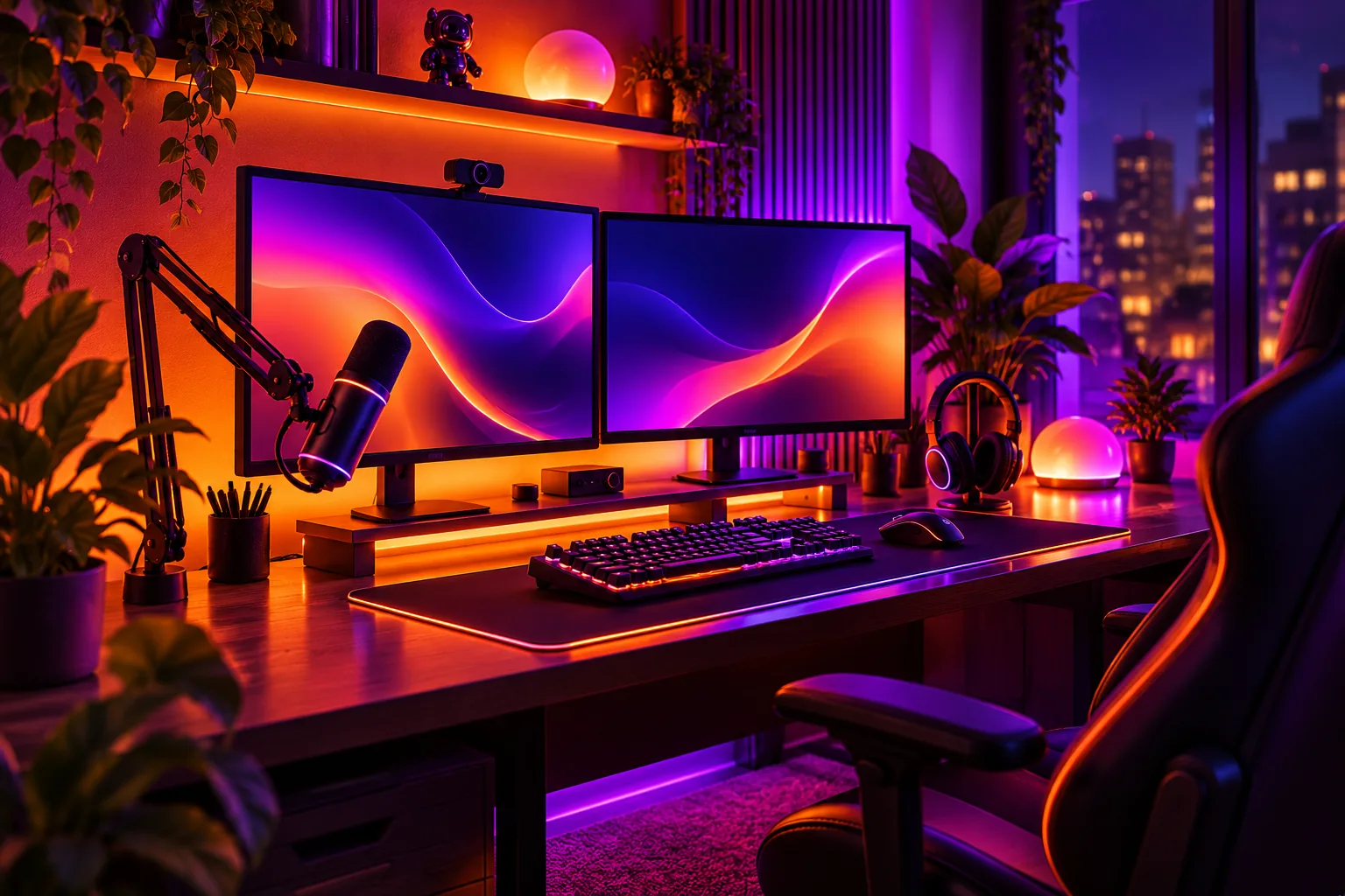 Un bureau de streamer la nuit, double écran, lumières violettes et orange